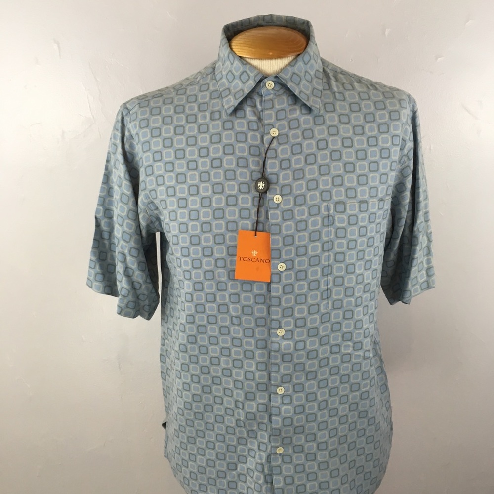 Toscano 100% silk short sleeves blue taupe cream button down small s spot shirt
